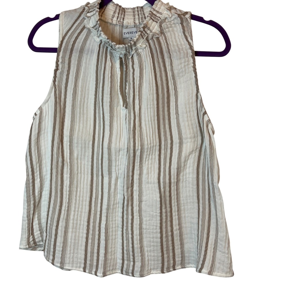EVEREVE Striped Sleeveless Top White Brown Size XL 100% Cotton Neutral Boho Tank